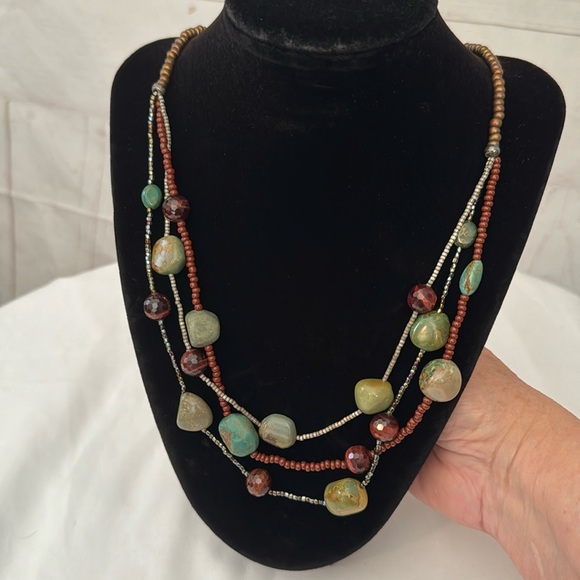 Peyote Bird .925 Sterling and Turquoise & faceted Bead layered Necklace 24” - Picture 1 of 6